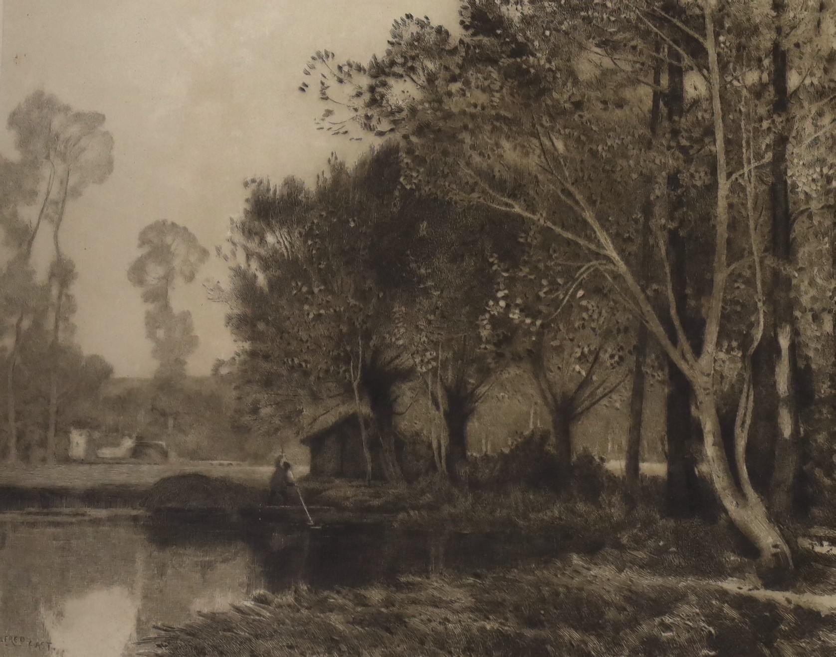 John Wood after Sir Alfred East, engraving, Boatman in a landscape, signed by both artists, 46 x 55cm